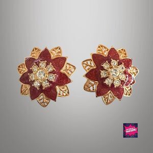 Vintage Festive Sparkle Clip Earrings - Red Poinsettia Clear Rhinestone - NIB